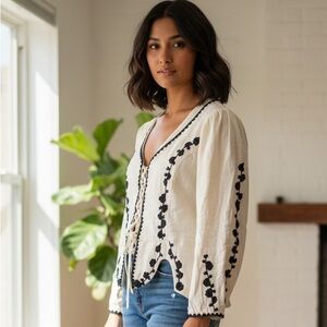 Cream Top with Black Embroidery